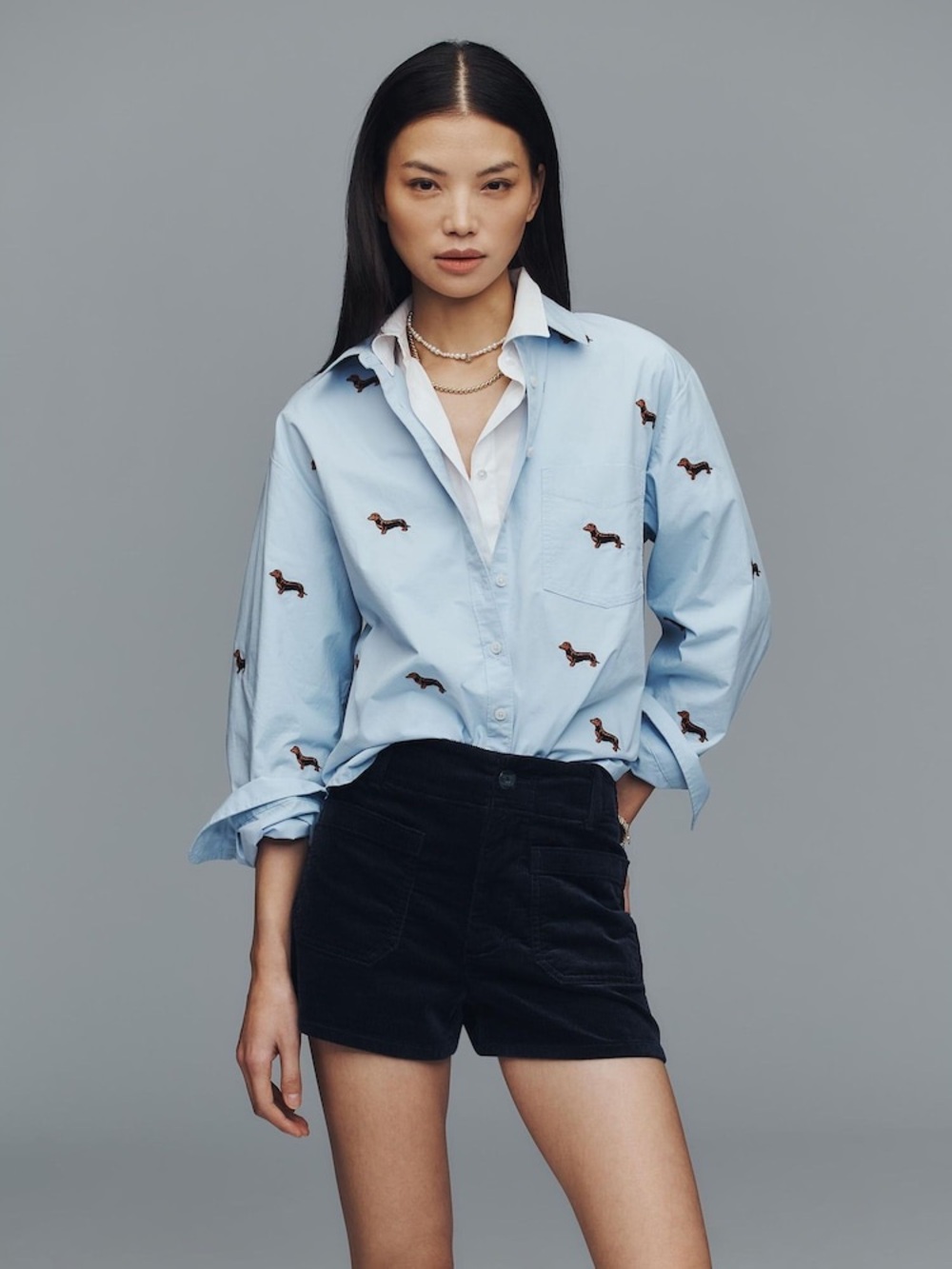 Anthropologie Maeve Wiener Dog shrunken Bennet Long Sleeved Buttondown Shirt